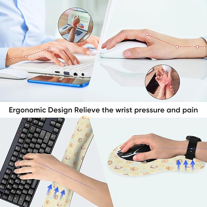 Wrist Rest Support for Mouse Pad Keyboard Set Circle Coaster Gaming Mouse Pad Ergonomic Gel Memory Foam Set for Computer, Laptop, Office, Comfortably Typing Cat KM-35