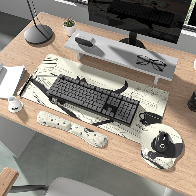 Ovenbird Mouse Pad Set 4-in-1 | Large Gaming Mousepad, Keyboard Wrist Rest, Mouse Wrist Support, Coaster | Ergonomic Office Desk Mat Accessories for Women Men | 4PCS, 35.4 x 15.7in, Black Cat