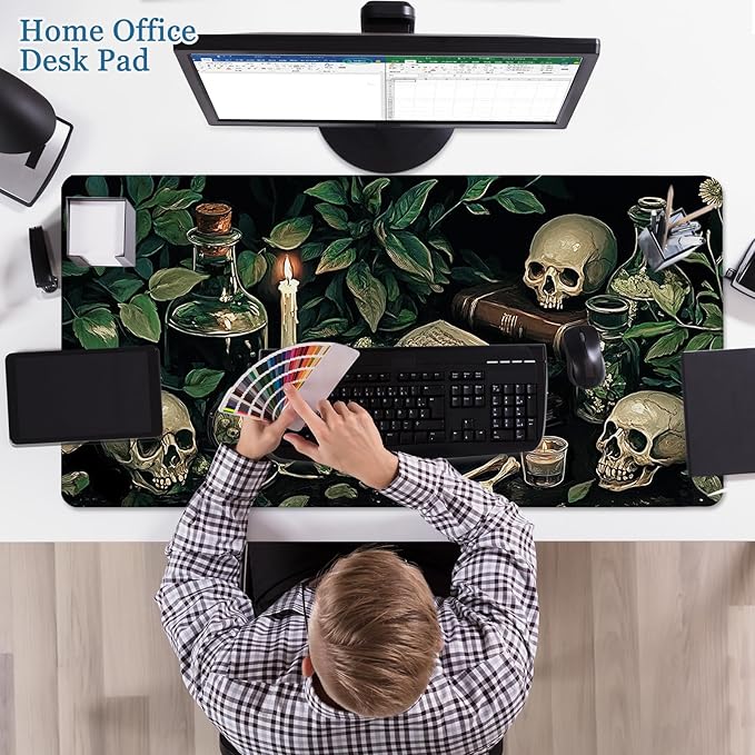 Gothic Botanical Desk Pad, Library Skull Large Gaming Mouse Pad, XXL Desk Mat Anti-Slip Waterproof Big Mousepad with Stitched Edges, Keyboard Mouse Mat for PC, Laptop, Work, Office, Home