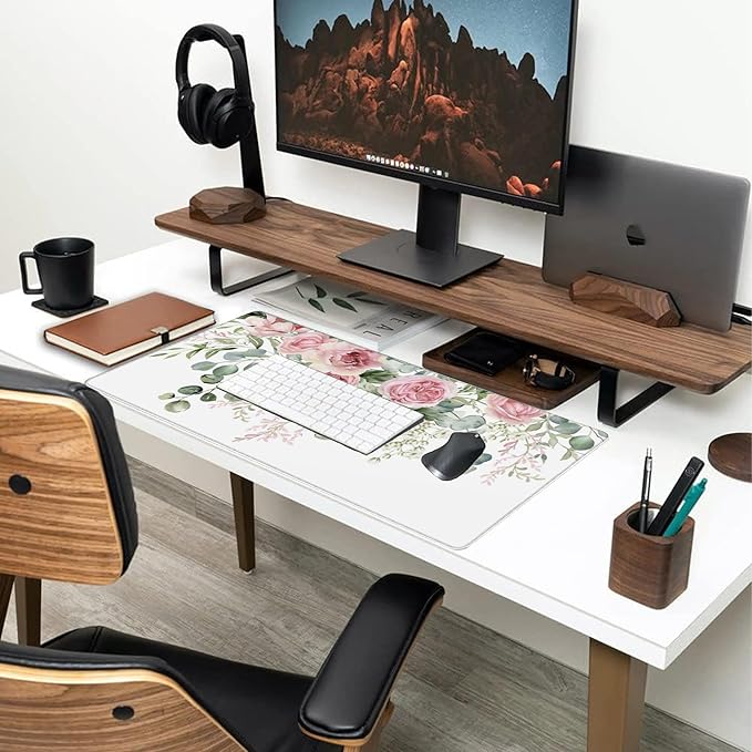 Desk Mat,Peony Flowers and Eucalyptus Leaves Large Gaming Mouse Pad for Desk XXL,Pink Floral Desk Pad,Extended Big Computer Keyboard Mouse Pad with Non-Slip Base Stitched Edges 35.4"x15.7"