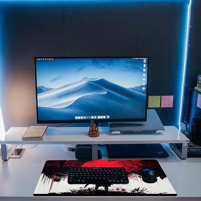 Large Gaming Mouse Pad, Cool Japanese Samurai Desk Mat, Red and White Samurai Desk Pad, 31.5"x15.7" Extended Big Computer Keyboard Mouse Pad with Non-Slip Base and Stitched Edge