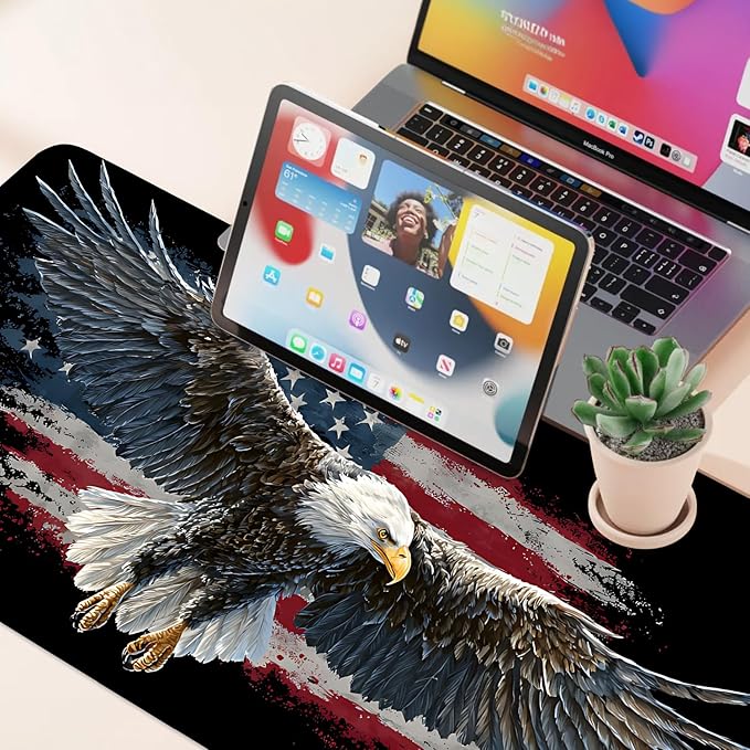 Desk Mat, XXL Extended Gaming Pad for Desktop, 35x16 Inches Patriotic Bald Eagle US Flag Design, Large Non-Slip Vegan Leather Surface with Stitched Edges, Keyboard Mouse Mat for Home Office