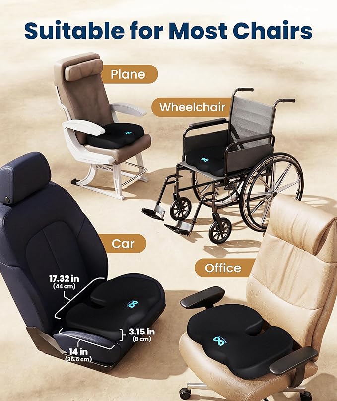 Everlasting Comfort Doctor Recommended Memory Foam Seat Cushion for Office Chairs & Car - Ergonomic Office Desk Accessories - Cushions for Tailbone Support, Sciatica (Black, Large)