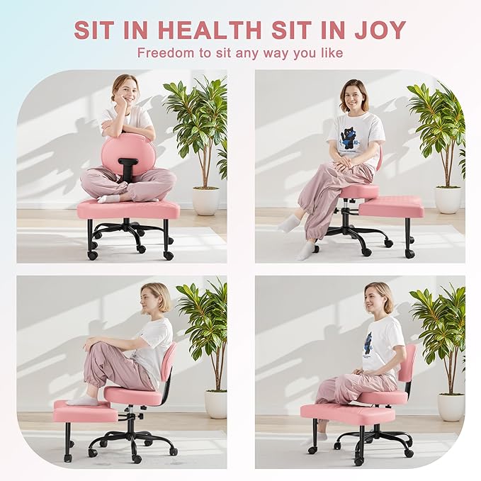 GUNJI Ergonomic Criss Cross Legged Office Chair, 360° Swivel Meditation Kneeling Chair with Wheels, ADHD Chair with Footrest, Lumbar Support, Wider Height Adjustable Seat (Pink, Faux Leather)