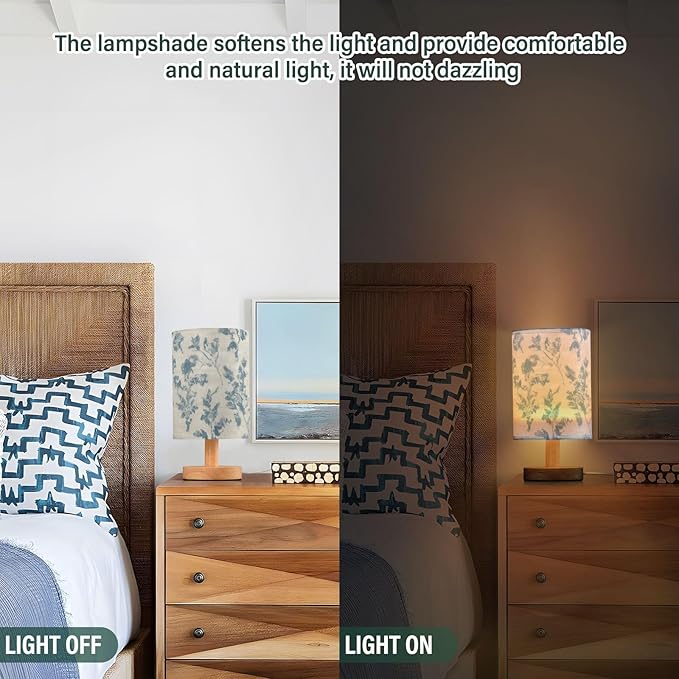 Flower LED Table Lamp, Bedside Lamp with Linen Lampshade, Flicker-Free Eye Care USB Plug in Nightstand Lamp, for Bedroom and Office