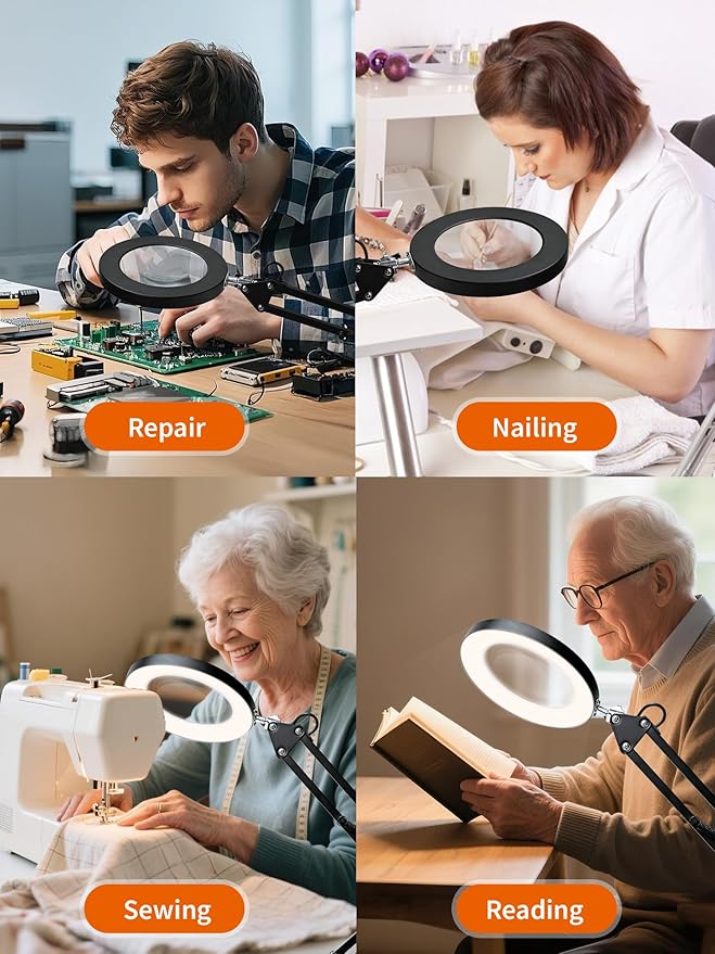 10X Magnifier Lamp with Clamp, 15" Adjustable Arm LED Desk Light with Real Glass Lens, 3 Color Modes, Bright Dimmable Lighting for Repair, Model Painting, Sewing, Reading