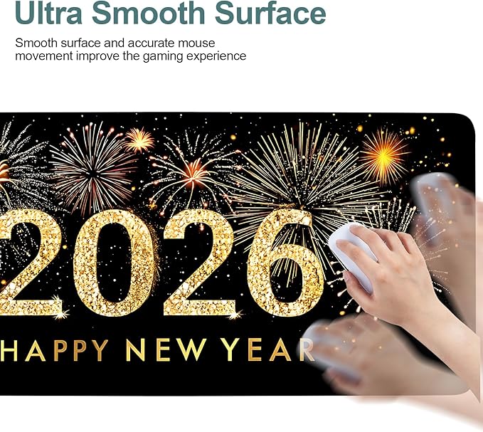 Happy New Year - 2026 Extended Gaming Mouse Pad 35.4x15.7Inch Large Desk Mat Anti-Slip Rubber Base & Durable Stitched Edges for Gamers Smooth Mouse Writing Surface for Desk Office/Home