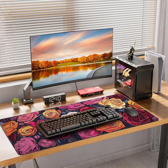 XXL Gaming Mouse Pad, Vintage Roses Floral Design, 35.4 x 15.7 Inches, Non-Slip Rubber Base, Microfiber Cloth, Extended Rectangular Desk Mat