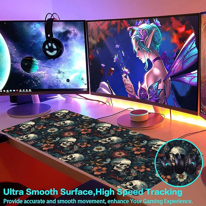 Desk Mat,Skulls with Flowers Large Gaming Mouse Pad for Desk XXL,Skull Floral Desk Pad for Desktop,Extended Big Computer Keyboard Mouse Pad with Non-Slip Base and Stitched Edges 35.4"x15.7"