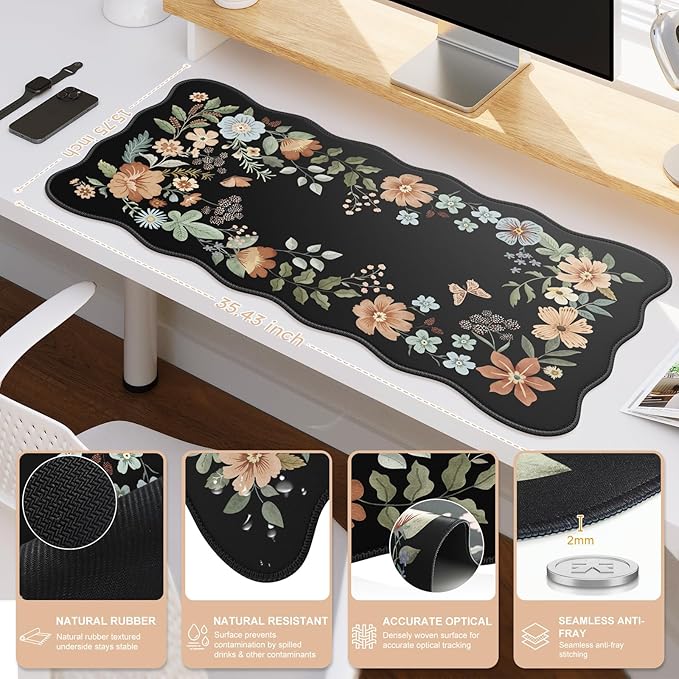 iCasso Desk Matt for Desktop, Black Desk Mat, Cute Desk Pad Mat, XXL Large Mouse Pad for Desk, Anti-Slip Big Mousepad with Stitched Edges, Keyboard Pad Mouse Mat for Computer(Black)