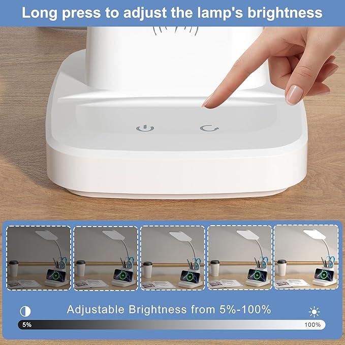 Wireless Charging Desk Lamp with Pen Holder, 800LM Dimmable Office Light with 3 Color Modes, 8W LED Table Lamp for Computer Desk, Studying, White