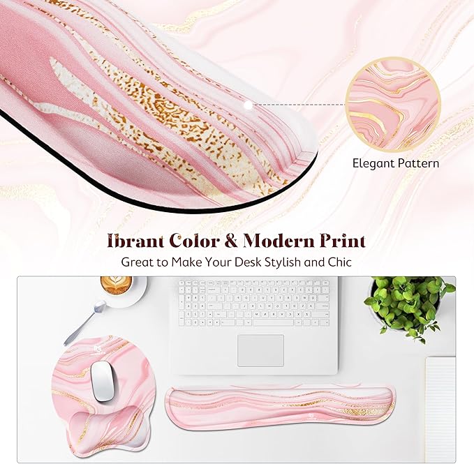 Gimars Ergonomic Mouse Pad Wrist Support, Upgrade Enlarge Superfine Fibre Soft Smooth Keyboard Wrist Rest, Comfortable Memory Foam Wrist Rest for Computer, Gaming, Office, Pink Golden