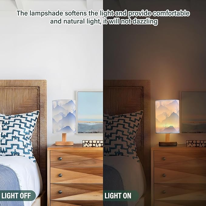 Blue Mountain LED Table Lamp, Bedside Lamp with Linen Lampshade, Flicker-Free Eye Care USB Plug in Nightstand Lamp, for Bedroom and Office