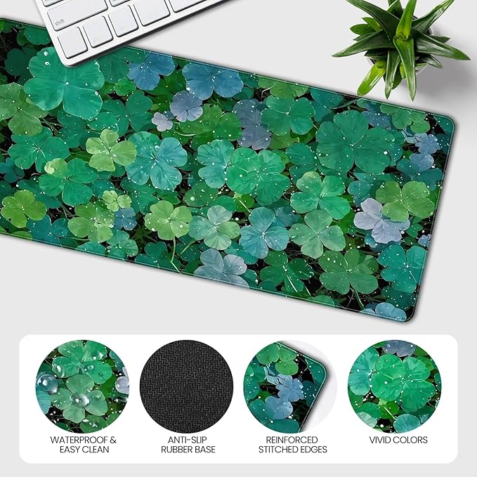 XXL Gaming Mouse Pad, Lucky Four-Leaf Clover Design, 35.4 x 15.7 Inches, Microfiber Cloth, Non-Slip Rubber Base, Extended Desk Mat