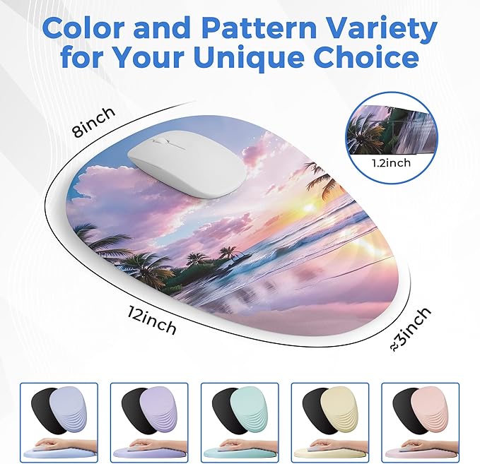 Ergonomic Mouse Pad with Wrist Support, Memory Foam Wrist Rest for Pain Relief & Carpal Tunnel, Non-Slip Base for Office, Computer, PC, Laptop (12x8x1.2inch, Sunset Beach)