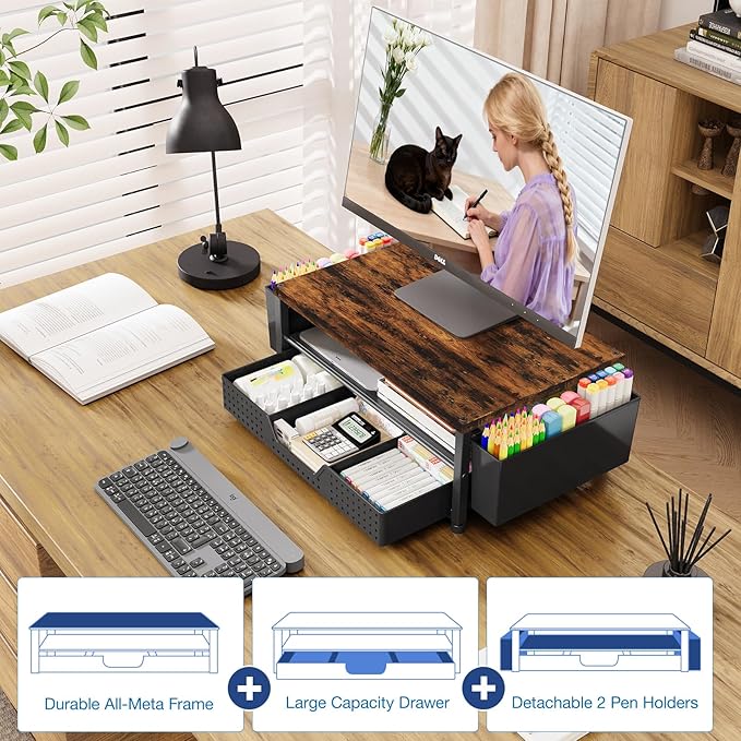OPNICE Wood 2-Tier Monitor Stand Riser – Brown