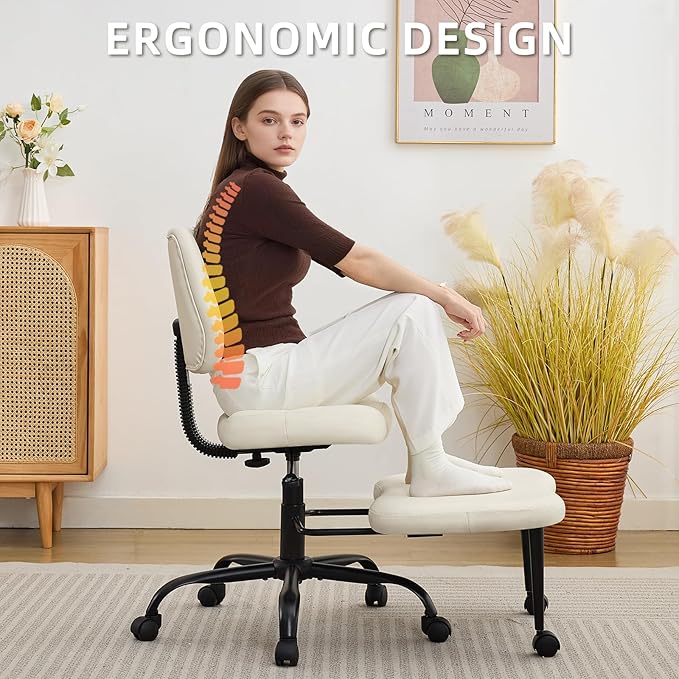 Ergonomic Criss Cross Legged Office Chair, ADHD Chair, Wide Height Adjustable Seat 360° Swivel Footstool with Wheels, PU Leather Meditation Kneeling Chair, for The Restless Home Workers, Beige