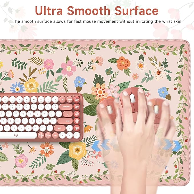HAOCOO Pink Floral Desk Matt for Desktop, Waterproof Cute Desk Pad Mat, Cute Keyboard Mat, Non-Slip Mouse Pad with Stitched Edges, Computer Mat for Desktop