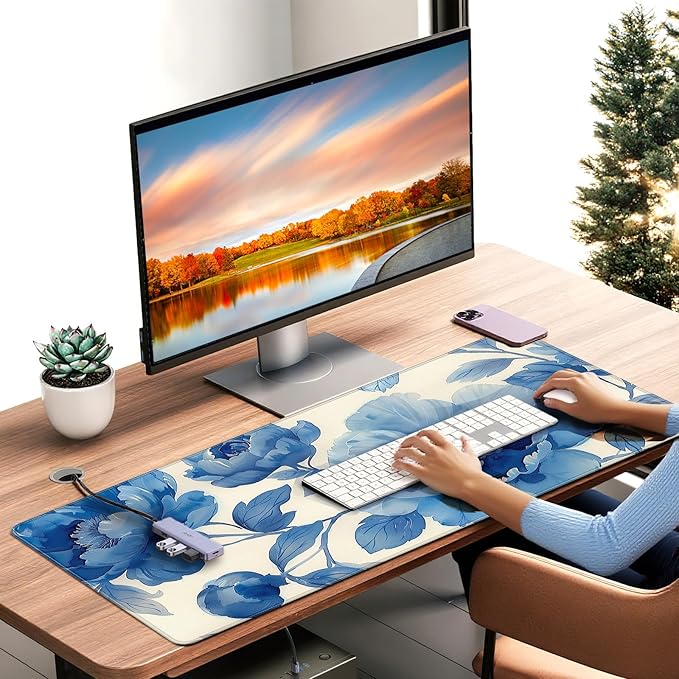 XXL Gaming Mouse Pad, Blue Floral Design, 35.4 x 15.7 Inches, Microfiber Cloth, Rectangular, Non-Slip Rubber Base