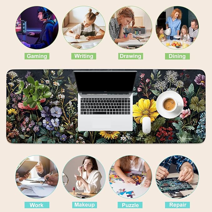 Desk Mat, XXL Extended Gaming Pad for Desktop, 31x12 Inches Vibrant Floral Bouquet, Large Non-Slip Vegan Leather Keyboard Mouse Mat for Home Office