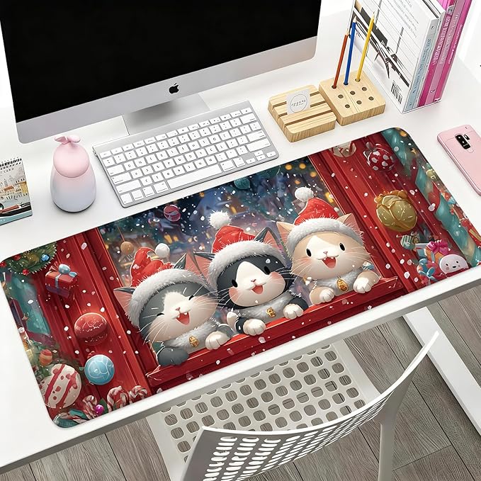 Desk Mat, XXL Extended Gaming Pad for Desktop, 31x12 Inches Cats in Santa Hats at Window, Large Non-Slip Vegan Leather Keyboard Mouse Mat for Home Office