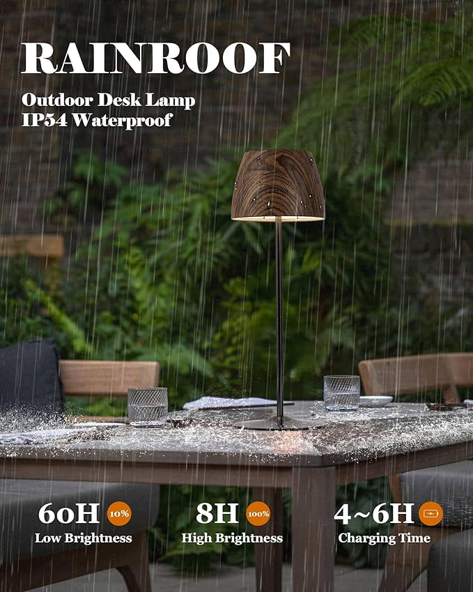 ELYONA 2 Pack Cordless Table Lamp, LED Walnut Wooden Desk Lamps RGB & 3 Color Stepless Dimming Waterproof Rechargeable 4000mAh Battery Operated for Restaurant Bedroom Outdoor Office Night Light Black