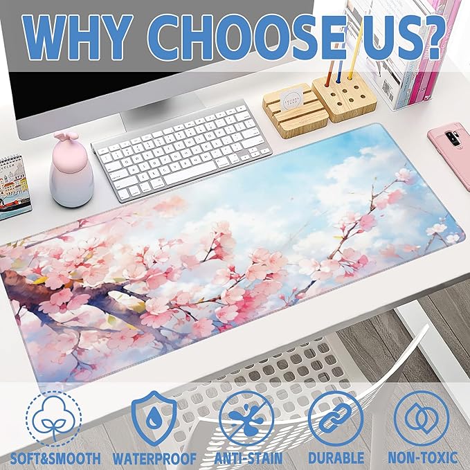 Large Gaming Mouse Pad for Desk,Cherry Blossom Tree Desk Mat for Desktop,Watercolor Floral Desk Pad, Extended Big Computer Keyboard Mouse Pad with Non-Slip Base Stitched Edges 31.5"x11.8"