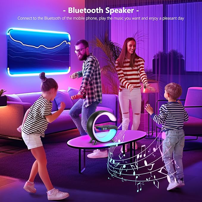 DEECOZY Multi Functional Wireless Charger Atmosphere Lamp, Intelligent Bluetooth Speaker LED Table Lamp,256 Lights Mode Dimmable Night Light Bedside Lamp Alarm Clock with Music Sync App Control(Black)