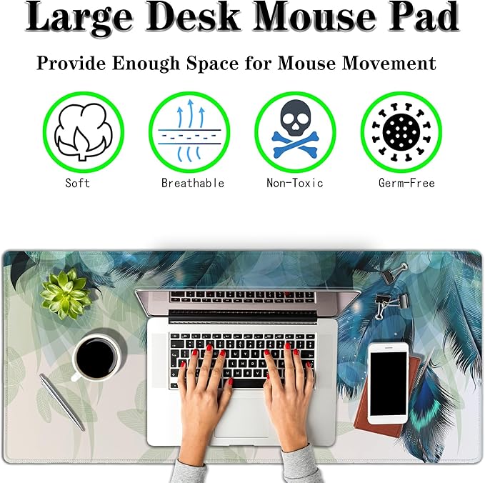 Gaming Mouse Pad Navy Desk Mat Large Desk Pads Mens Office Accessories Pad for Table Non-Slip Rubber Base Waterproof with Stitched Edges 35.4" X 15.7" for Game Office, Peacock Feather