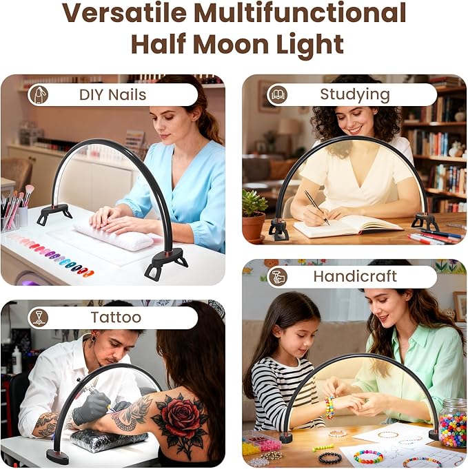 Yokilly Arc Half Moon Light: 20" Half Moon Light with Foldable Bracket for Desk Salon Table Use - No Flicker & Shadow-Free Desk Lamp with Stepless Brightness 3000-6500K for Manicurist Nail Tech