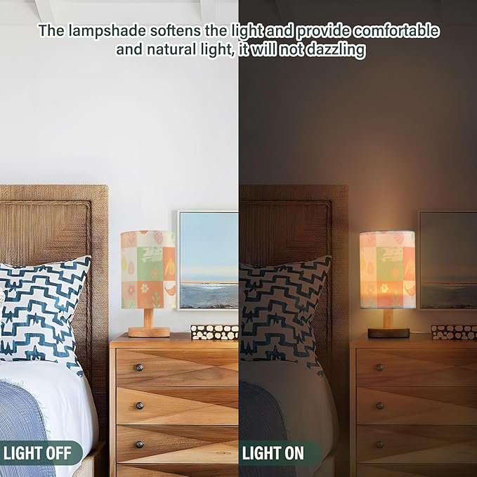 Gingham LED Table Lamp, Bedside Lamp with Linen Lampshade, Flicker-Free Eye Care USB Plug in Nightstand Lamp, for Bedroom and Office