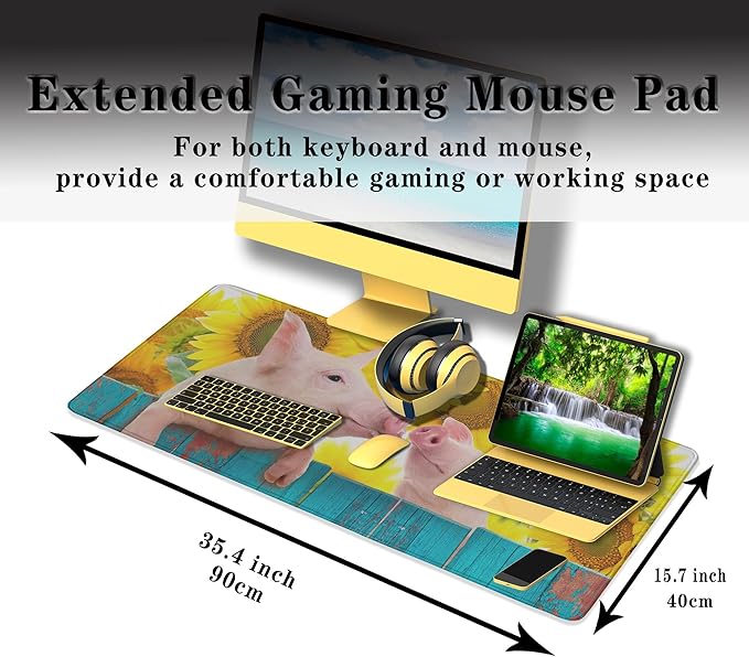 Keyboard Mat Yellow Blue Long Mouse Pad, Computer Mat Large Desk Pads, Big Desk Mat Non-Slip Rubber Base, 35.4 X 15.7 inch for Work/Game/Office/Home Funny Pig Hanging on A Fence. Studio Photo.