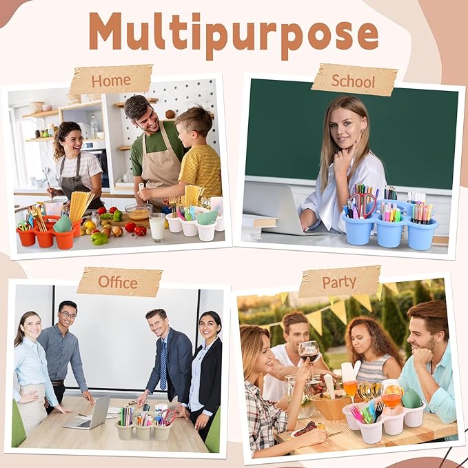 6 Pack Classroom Caddy Organizer with Handle Morandi Plastic Table Caddy Drink Cup Caddies Holder 12×9×3.5 Inches Storage School Supplies 6 Compartments for Table Crayon Pencil Cup Marker Craft