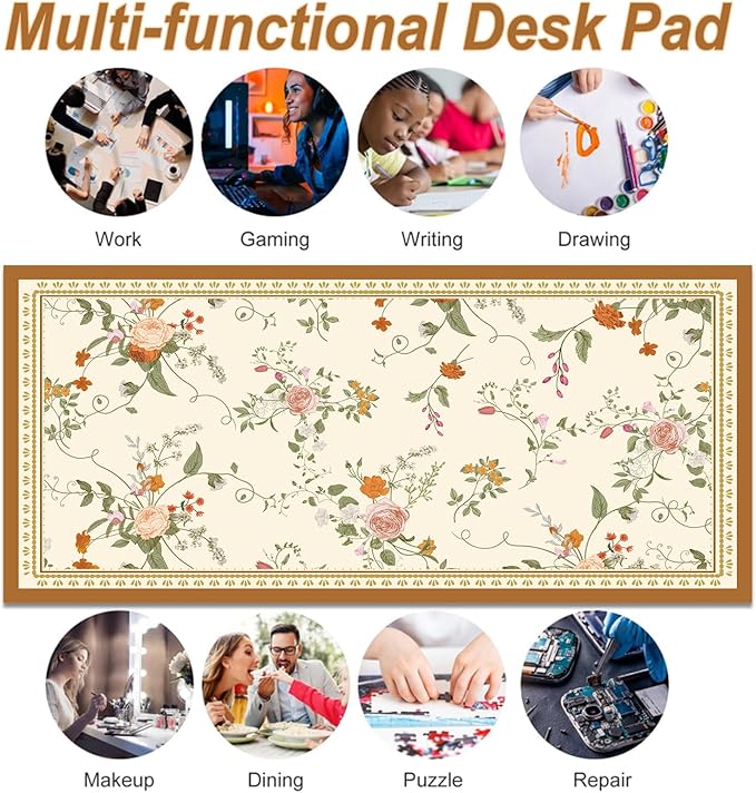 Desk Pad, ZAXOXAZ PU Leather Desk Pad Protector, 31.5" x 15.7" XXL Large Extended Flowers Mouse Pad, Big Desk Mat Floral Desk Blotter, Waterproof Desk Writing Pad for Office and Home