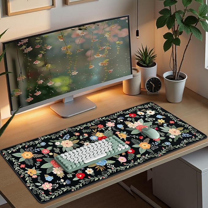 iCasso Floral Desk Mat for Keyboard and Mouse,Cute Gaming Mouse Pad XXL,Anti-Slip Desk Matt for Desktop,Soft Lycra Surface Computer Mat Women,Girly Big Mousepad for Home Office (Black Floral)