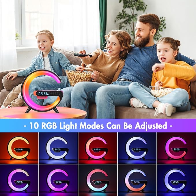 DEECOZY Mini Wireless Charger Atmosphere Lamp, Bluetooth Speaker LED Table Lamp, 10 Lights Mode Dimmable Night Light Bedside Lamp Alarm Clock with Music for Christmas Birthday Valentines Day Gifts