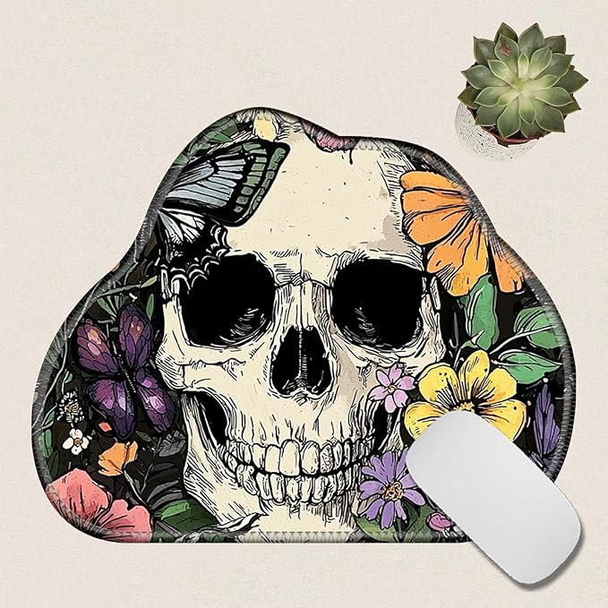 Cute Mouse Pad Plus 1 Coaster, Small Gaming Mouse Mat 11.8 x 9.45 inches, Travel Mouse Pads with Durable Stitched Edges Non-Slip Base, Sugar Skull Flowers Decor Mousepad for Office Home