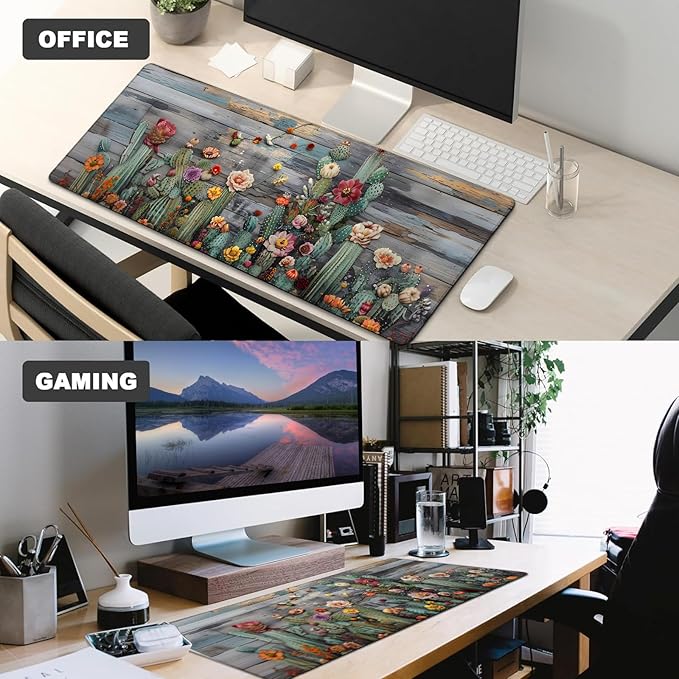 Cactus Gaming Mouse Pad,12x31.5in Non-Slip Rubber Desert Succulent Cacti Desk Mat,Large Extended Mousepad for Office Home Laptop,Mice Pads Gifts,Game Lover Deskmat Decor (Wood Pttern)