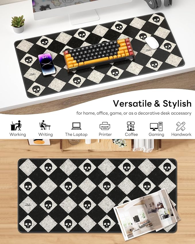 XL Gaming Mouse Pad, 31.5x15.7'' Large Desk Mat with Anti-Slip Rubber Base & Stitched Edges for Gaming, Office, Home, Cute Skulls