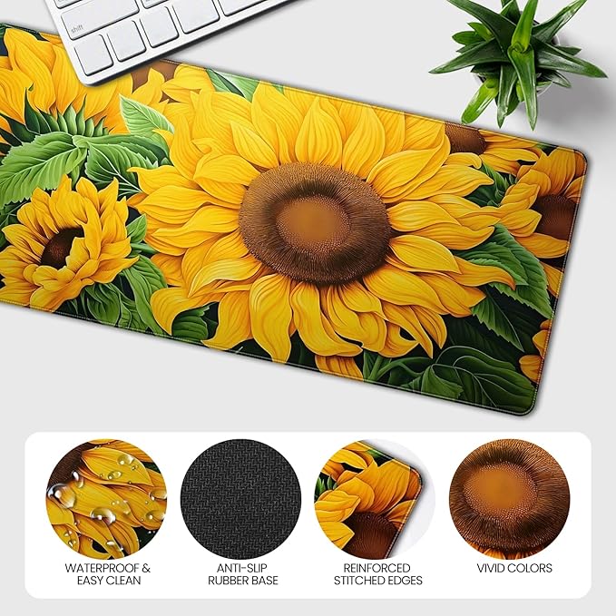 XXL Large Gaming Mouse Pad, 35.4 x 15.7 inches, with Non Slip Rubber Base, Extended Keyboard Pad for Home Computer Office Workstations, Large Laptop Mouse Pads Sunflower