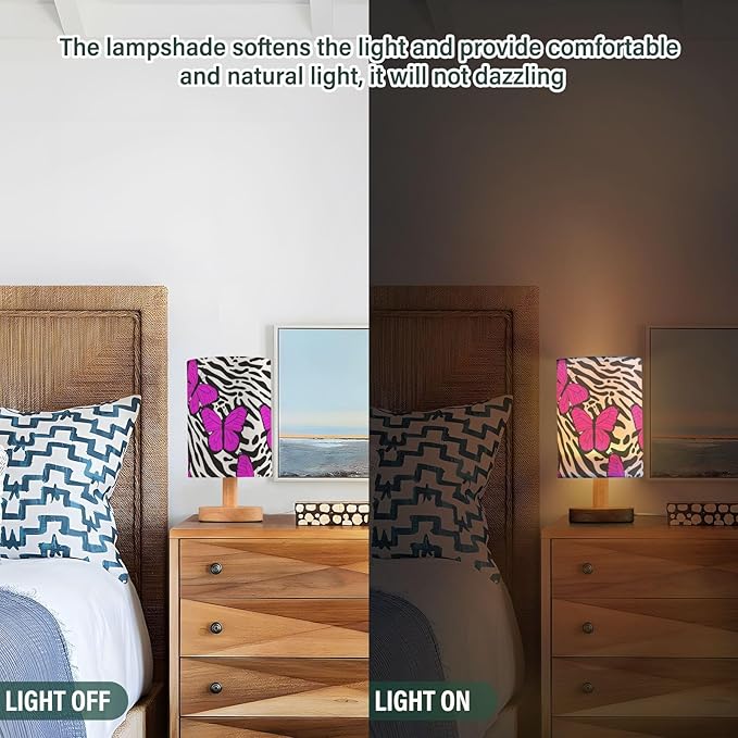Zebra Butterfly LED Table Lamp, Bedside Lamp with Linen Lampshade, Flicker-Free Eye Care USB Plug in Nightstand Lamp, for Bedroom and Office