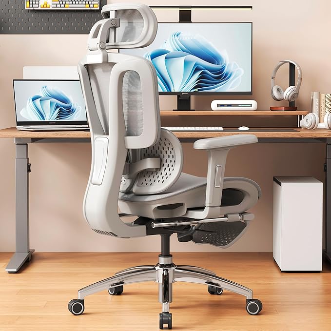 Vonesse Ergonomic Office Chair with Footrest, Desk Chairs with Adjustable 3D Headrest and Armrests, Computer Gaming Chair with Dynamic Lumbar Support & Adjustable Depth Breathable Mesh Seat (Grey)