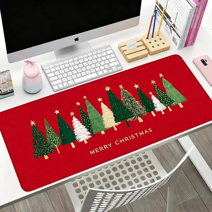 Desk Mat, XXL Extended Gaming Pad for Desktop, 35x16 Inches Trees on Red Background, Large Non-Slip Vegan Leather Surface with Stitched Edges, Keyboard Mouse Mat for Home Office