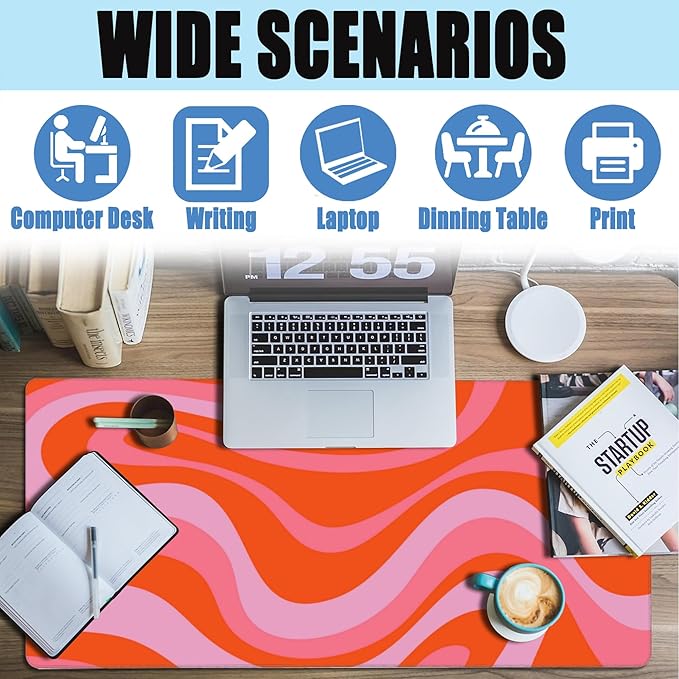 Large Gaming Mouse Pad for Desk,Hippie Groovy Waves Desk Mat for Desktop,Retro Groovy Swirls Desk Pad,Extended Big Computer Keyboard Mouse Pad with Non-Slip Base and Stitched Edge 35.4"x15.7"