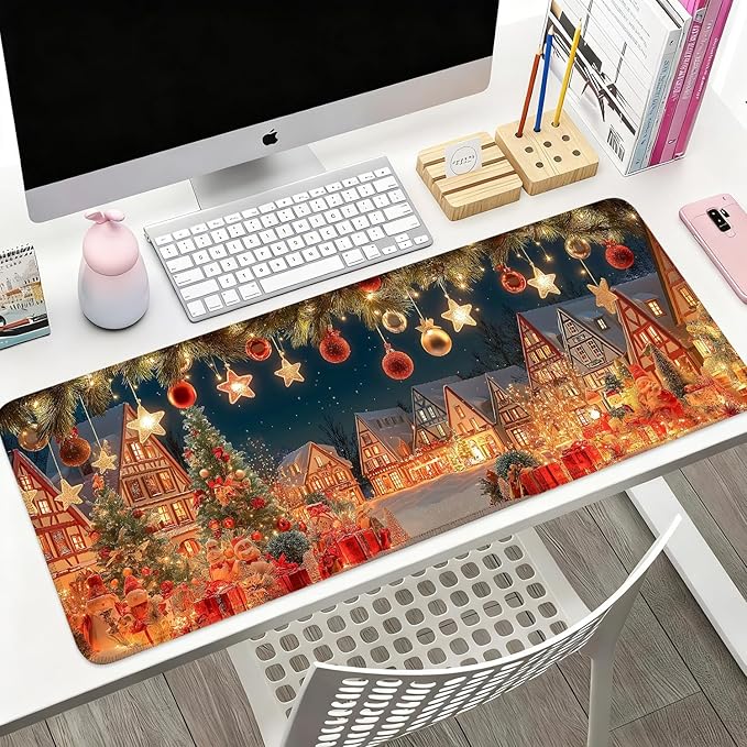 Desk Mat, XXL Extended Gaming Pad for Desktop, 31x12 Inches Village with Trees and Lights, Large Non-Slip Vegan Leather Keyboard and Mouse Mat for Home Office