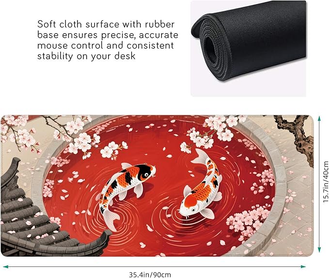 Desk Mat, Japanese Koi Fish XXL 35.4"x15.7"Large Gaming Mouse Pad, 3mm Thick Gaming Keyboard Pad,Desk Pad Non-Slip Rubber Base with Stitched Edges for Office Game Home Decor