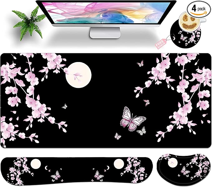 Large Gaming Mouse Pad Set 35.4 x 15.7 with Keyboard Wrist Rest, Wrist Support, and Coaster Memory Foam Smooth Desk Pad Mousepad for Home Office School - Cherry Blossom Moon