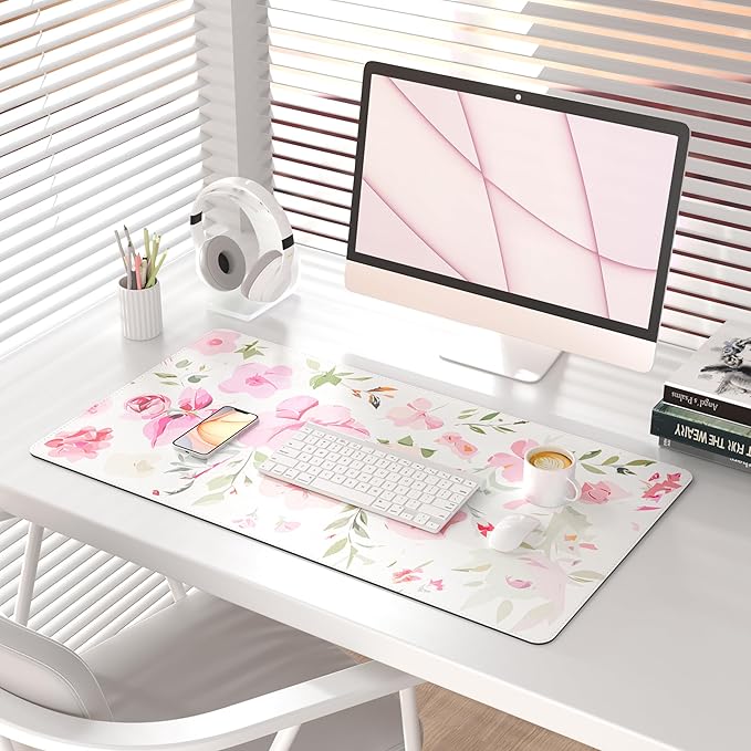 Colorful Star Floral Mouse Pad, Watercolor Pink Flowers Large Desk Mat, Computer Keyboard and Mouse Mat, Cute Office Decor Women Girls Desk Accessories Work Home Office Suppliers, 31.5"x15.7"
