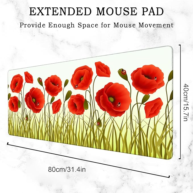 Poppy Gaming Desk Mat Large,Red Poppy Floarl Ladybug Extended Mousepad,Non-Slip Rubber Mouse Pad Stitched Edges,Desktop Decorative Accessories for Home Office 31.5" x 15.7"