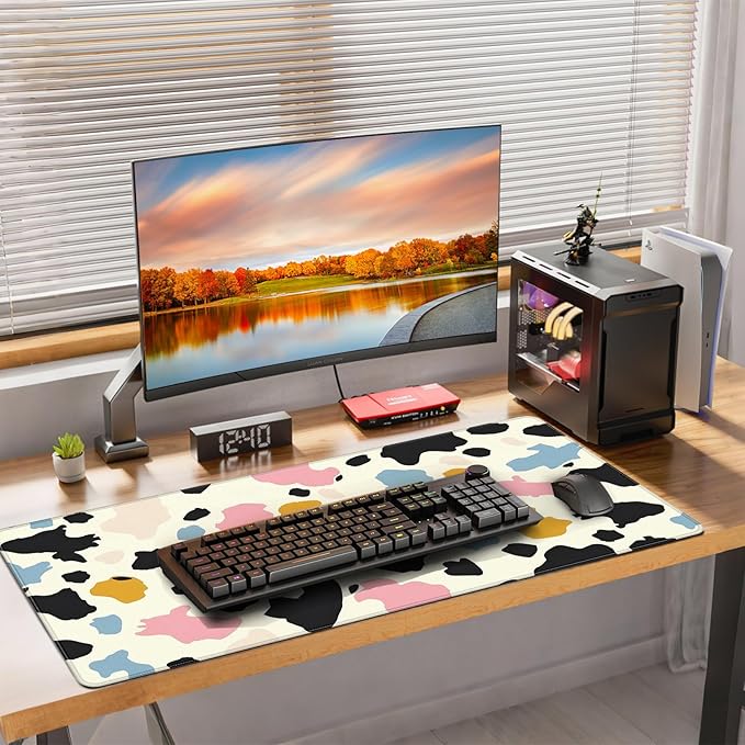 XXL Gaming Mouse Pad, Colored Spots Design, 35.4 x 15.7 Inches, Microfiber Cloth, Non-Slip Rubber Base, Rectangular Extended Desk Mat